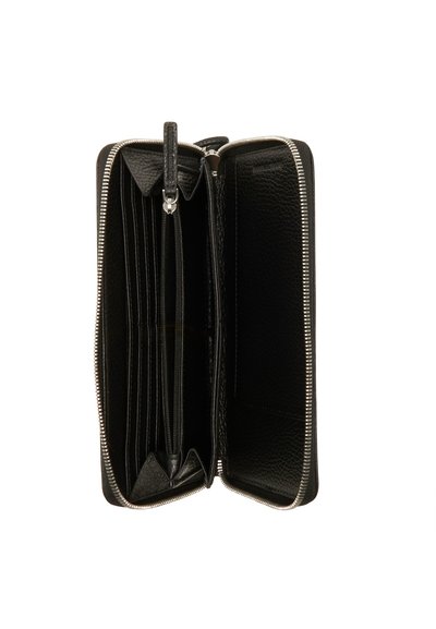 Portafoglio in pelle nera con finitura testurizzata, dotato di diversi scomparti per carte, un compartimento con zip e chiusura con zip in metallo.
