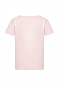 Kortærmet t-shirt i blødt lyserødt bomuld. Enkel design med rund hals, der har en glat overflade uden synlige grafikker eller dekorationer.
