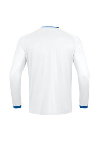 Witte blouse met lange mouwen met blauwe accenten op de kraag en manchetten. Gemaakt van een gladde, lichte stof met een eenvoudig en strak ontwerp.