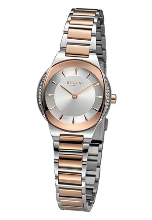 Montre-bracelet en argent et or rose avec un cadran rond, des marqueurs d'heure minimalistes, des accents en cristal sur la lunette et un bracelet en métal maillé.