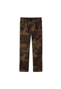 Pantalons à motif camouflage dans des nuances de vert, marron et noir. Taille élastique avec cordon de serrage, coupe décontractée et matériau léger.