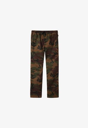 Pantalons à motif camouflage dans des nuances de vert, marron et noir. Taille élastique avec cordon de serrage, coupe décontractée et matériau léger.