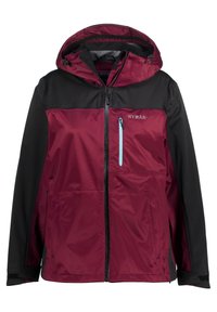 Vattentät jacka med en vinröd kropp och svarta ärmar, med huva, framficksdragkedja och en liten blå dragkedjeficka.