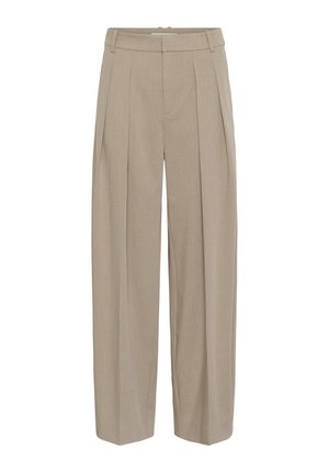 Pantalon beige taille haute à jambes larges avec plis sur le devant et passants pour ceinture, confectionné avec une fermeture avant dissimulée.