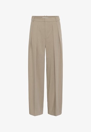 Pantalon beige taille haute à jambes larges avec plis sur le devant et passants pour ceinture, confectionné avec une fermeture avant dissimulée.