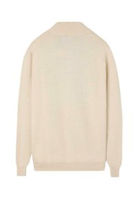 Cárdigan beige con mangas largas, cuello y puños acanalados, textura suave y diseño sencillo, sin adornos o patrones visibles.