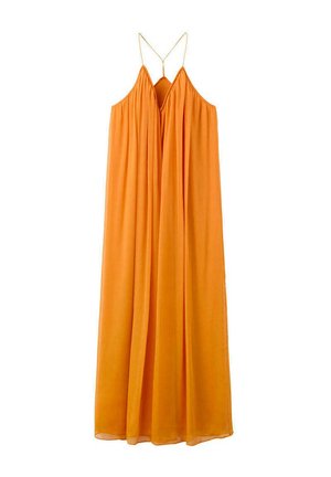 Vestido maxi naranja sin mangas con finas tirantes de espagueti y un escote profundo en V, con un diseño suelto y fluido.