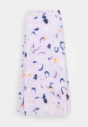 Falda midi plisada en tejido ligero de color lila, con un patrón abstracto colorido que presenta acentos en azul, púrpura, naranja y blanco. Cintura elástica.