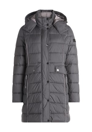 Padded gray coat with a hood, featuring a high collar, snap buttons, two front pockets, and contrasting white stitching along the seams.