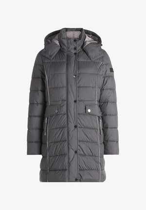 Gepolsterter grauer Mantel mit Kapuze, hoher Kragen, Druckknöpfen, zwei Fronttaschen und kontrastierender weißer Naht entlang der Nähte.