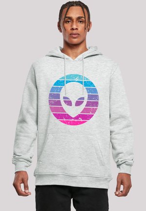 Grey hoodie featuring a pink and blue gradient circular alien graphic on the chest, with a front pocket and drawstring hood.