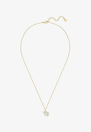 Kuldse kaelakee, millel on õrn Neitsi sümbol ripats, kaunistatud väikeste selgete kividega, rõhutades selle keerukat disaini ja meisterlikkust.