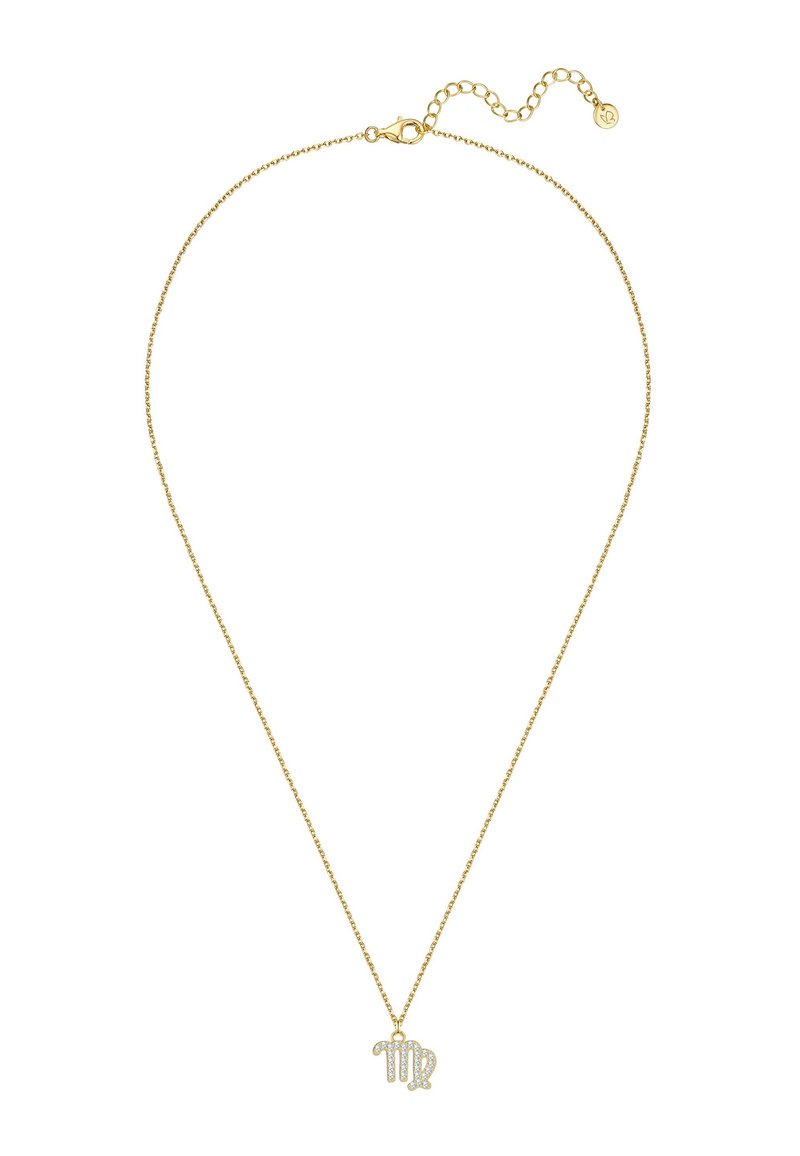 Zlata veriga z obeskom v obliki device, okrašena z majhnimi prozornimi kamni, ki poudarjajo svojo zapleteno obliko in mojstrstvo izdelave.