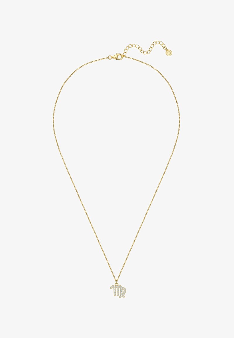 Zlatý náhrdelník s jemným príveskom v tvare symbolu Panny, zdobeným malými čírymi kamienkami, ktorý zdôrazňuje jeho zložitý dizajn a remeselnú prácu.