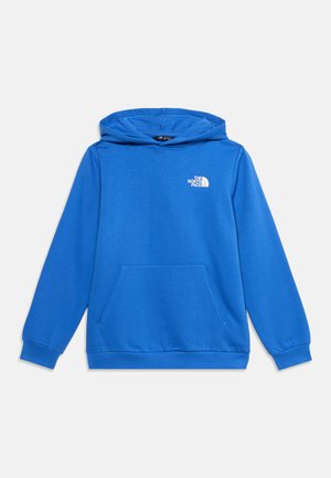 Sweat à capuche bleu avec poche avant et logo blanc The North Face sur le côté gauche de la poitrine sur un fond uni.