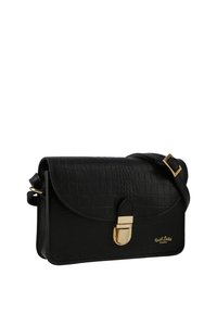 Black croc-embossed leather crossbody bag with gold buckle clasp and adjustable strap, featuring small gold brand logo on front corner.