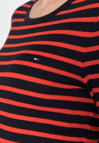 Maglione a righe nei colori blu navy e rosso. Presenta un colletto rotondo, una texture morbida e una piccola etichetta con logo vicino al centro.