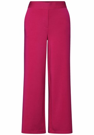Pantalones de pierna ancha color magenta con cintura elástica que presenta un texto en relieve sutil, tejido suave y sin bolsillos ni botones visibles.