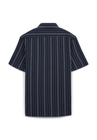 Camicia a maniche corte in tessuto blu navy con sottili righe bianche, colletto classico e vestibilità comoda.