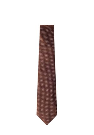 Corbata marrón de hombre con pequeño patrón de puntos blancos y azules, mostrada sobre fondo blanco.
