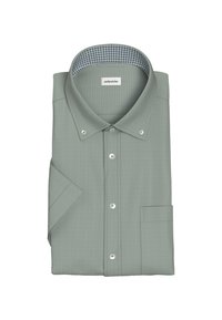 Camicia verde chiaro con bottoni, realizzata in un tessuto testurizzato. Presenta un colletto a contrasto con un motivo a quadretti e una tasca sul petto.