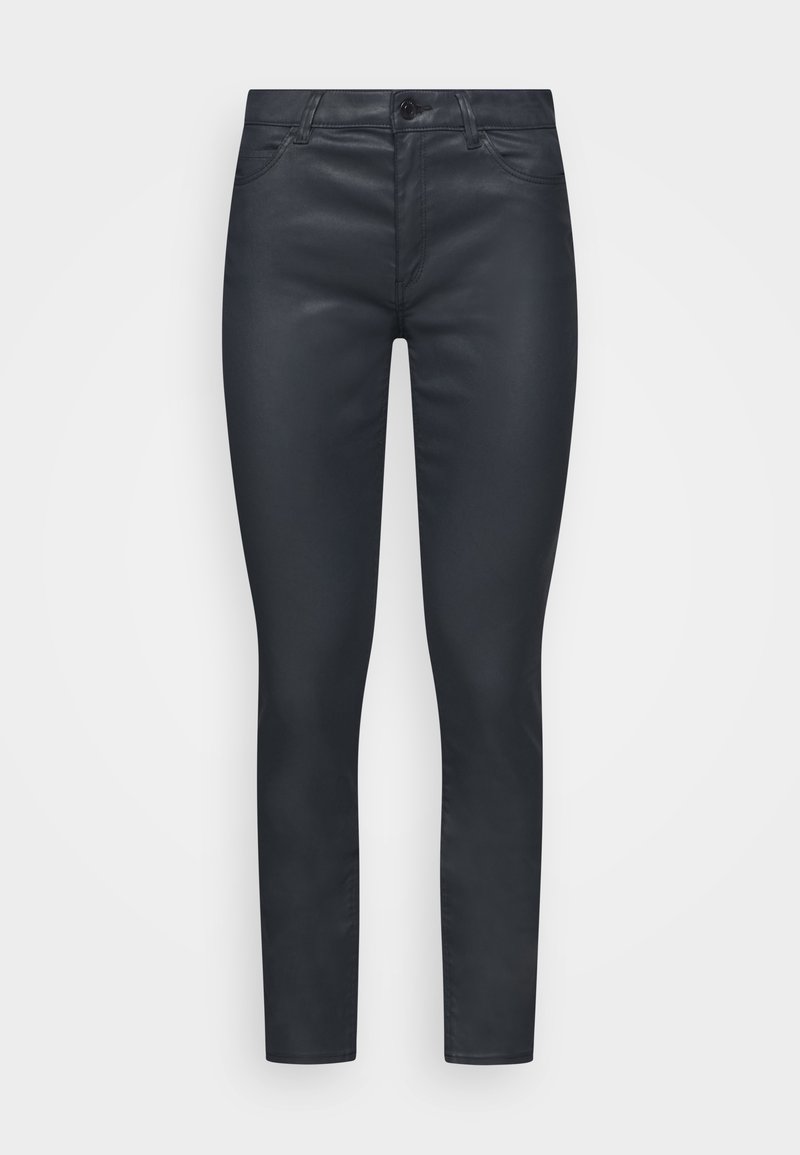 Pantalon en cuir noir taille haute, coupe slim, avec bouton frontal, fermeture éclair et poches à l'avant et à l'arrière.