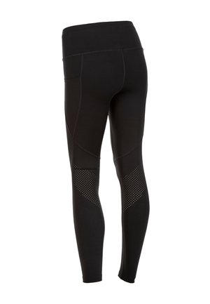 Sorte atletiske leggings med en høj talje, der har kontrasterende teksturerede paneler med prikkede detaljer langs de nederste ben.