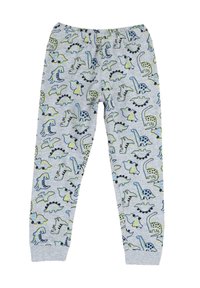 Pantalons de pyjama en polaire gris avec un motif de dinosaures colorés en noir, bleu et vert. Taille élastique avec des bas fuselés.