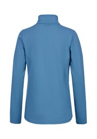 Pullover azzurro chiaro a maniche lunghe con colletto alto, realizzato in tessuto morbido e liscio. Presenta cuciture sottili lungo i lati e sul retro.