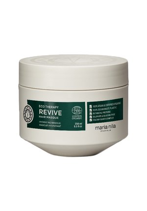 Eco Therapy Revive hydrate haarmasker in een witte pot, 250 ml, gelabeld 100% veganistisch, biologisch, gemaakt van oceaanafvalplastic, vrij van sulfaten en siliconen.