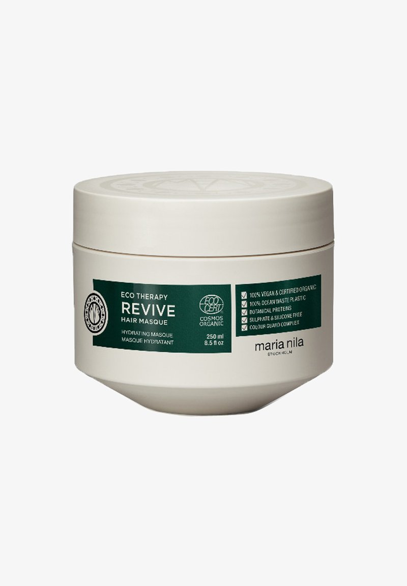 Eco Therapy Revive hydrate haarmasker in een witte pot, 250 ml, gelabeld 100% veganistisch, biologisch, gemaakt van oceaanafvalplastic, vrij van sulfaten en siliconen.