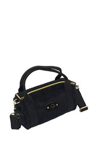Sac à main en velours côtelé noir avec fermeture éclair et accessoires dorés. Doté de deux poignées courtes et d'une bandoulière amovible. Design texturé à côtes.