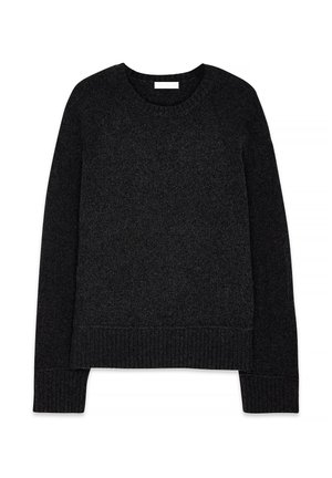 Mørkegrå pullovertrøje med rund hals, ribbede manchetter og kant. Stoffet ser blødt og let struktureret ud, med en afslappet pasform.