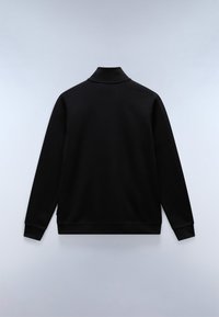 Schwarzer Sweatshirt mit hohem Kragen, langen Ärmeln und weicher Textur. Keine sichtbaren Muster, verfügt über ein schlichtes Design und elastische Bündchen.