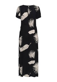 Robe maxi noire à manches courtes avec imprimé beige de feuilles tropicales, taille ajustée et fermeture à bouton avec ouverture en goutte au dos.