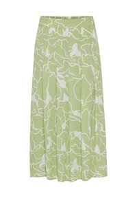 Heled roheline kortsustatud seelik abstraktse valge mustriga. Omab siledat kangast ja laia vööd mugava istuvuse tagamiseks.