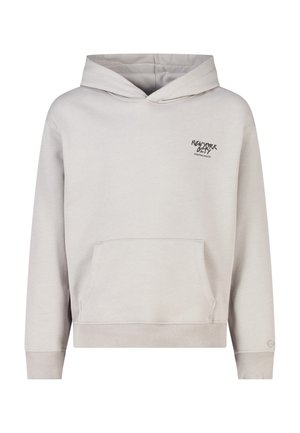Licht beige capuchontrui met voorzak en kleine tekst "New York City" linksboven op de borst.
