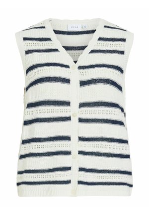 Witte gebreide mouwloze cardigan met marineblauwe horizontale strepen en knopen aan de voorkant, V-hals kraag en open breipatroon.