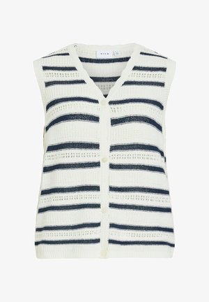 Bela pletena telovnik brez rokavov z mornarsko modrimi vodoravnimi črtami in gumbi spredaj, V-izrez ovratnika in odprt vzorec pletenja.