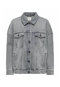 Giacca in denim grigia con colletto classico, chiusura frontale con bottoni, due tasche sul petto e tasche laterali, dal fit rilassato.