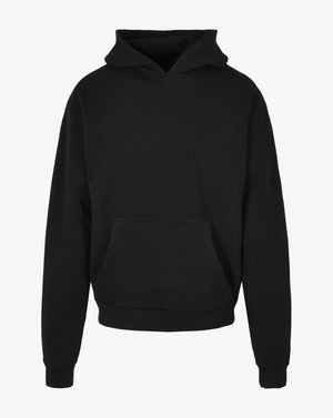 Sort hættebluse med frontlomme, ribbede manchetter og kant, lavet af blødt stof, med en løs pasform og minimalistisk design.