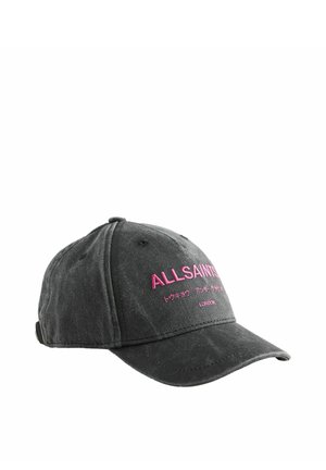 Mørkegrå baseballkasket med pink "ALLSAINTS"-logo og japanske tegn broderet foran, med en buet skygge og justerbar bagrem.