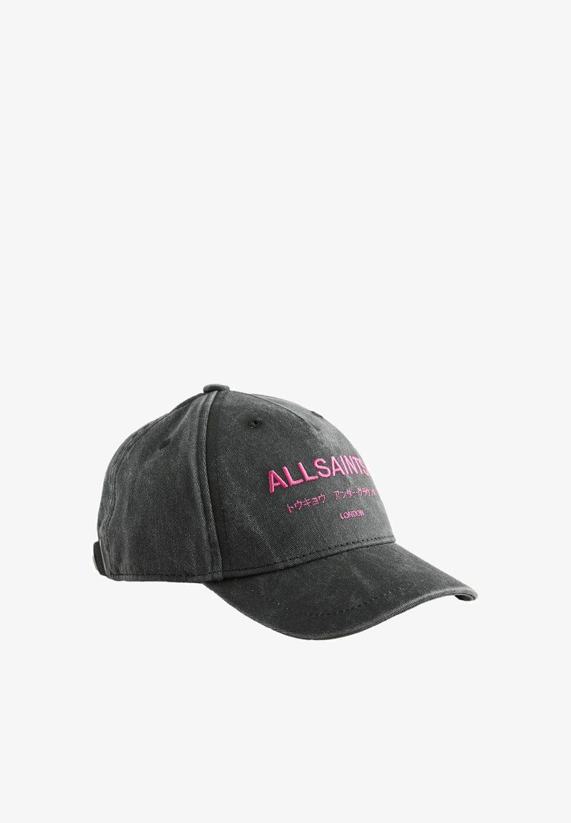 Șapcă de baseball gri închis cu logo-ul „ALLSAINTS” roz și caractere japoneze brodate pe partea frontală, cu cozoroc curbat și curea reglabilă în partea din spate.