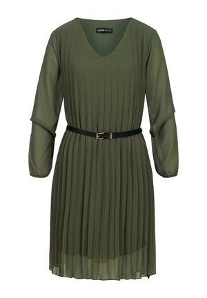 Olive green pleated dress with a V-neck, long sleeves, and a black belt featuring a gold buckle. Soft, flowing fabric with a layered texture.