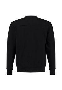Sudadera negra de manga larga mostrada desde la parte trasera, con puños y cinturilla acanalados, y una costura recta a lo largo de la parte superior de la espalda.