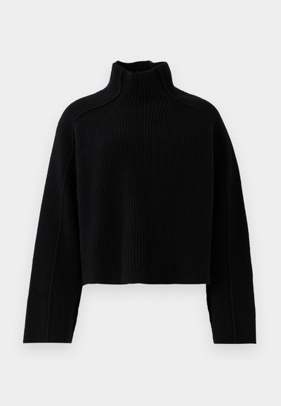 Mustritud must knit-sviiter kõrge kaelusega ja lühendatud disainiga, millel on pikad varrukad ja tekstuuriga viimistlus.