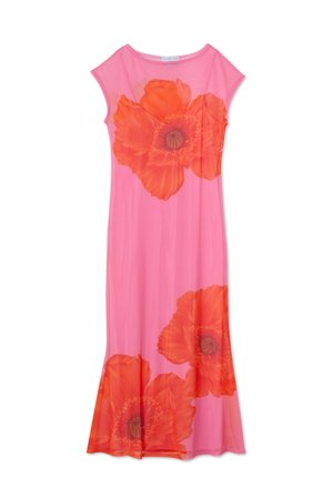 Vestido floral rosa com grandes padrões de papoulas laranja, mangas em forma de cap sleeve e um design fluido. Feito de tecido leve, com textura suave.