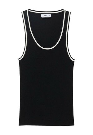 Schwarzes, geripptes Tanktop mit Rundhalsausschnitt und weißen Kontraststreifen entlang des Halsausschnitts und der Armlöcher. Hergestellt aus einem strukturierten Stoff.