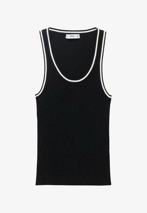 Top fără mâneci negru, cu decolteu larg și tiv alb contrastant pe gât și la umeri. Fabricat dintr-un material texturat.