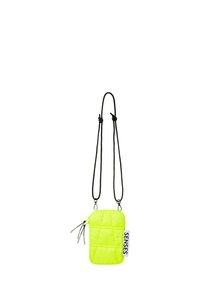 Neon yellow crossbody bag with a quilted design, black adjustable straps, zippered pocket, and a tag reading "SENSES."
